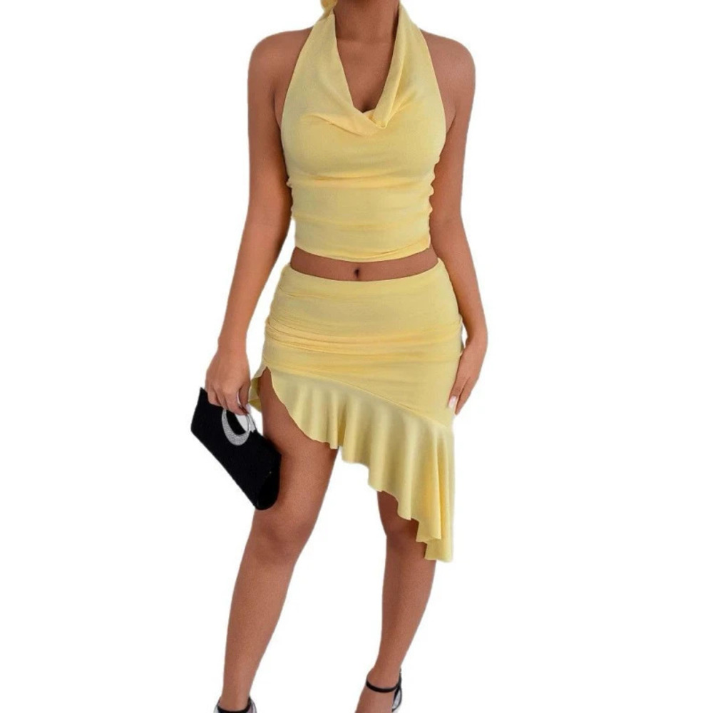 Spring Sexy Halter Neck Two Piece Set Irregular Hem Bodycon Skirt for Women